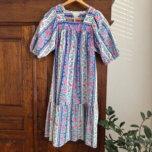 Vintage Made in Hawaii Floral Stripe Puff Sleeve Midi Dress Cottagecore Prairie